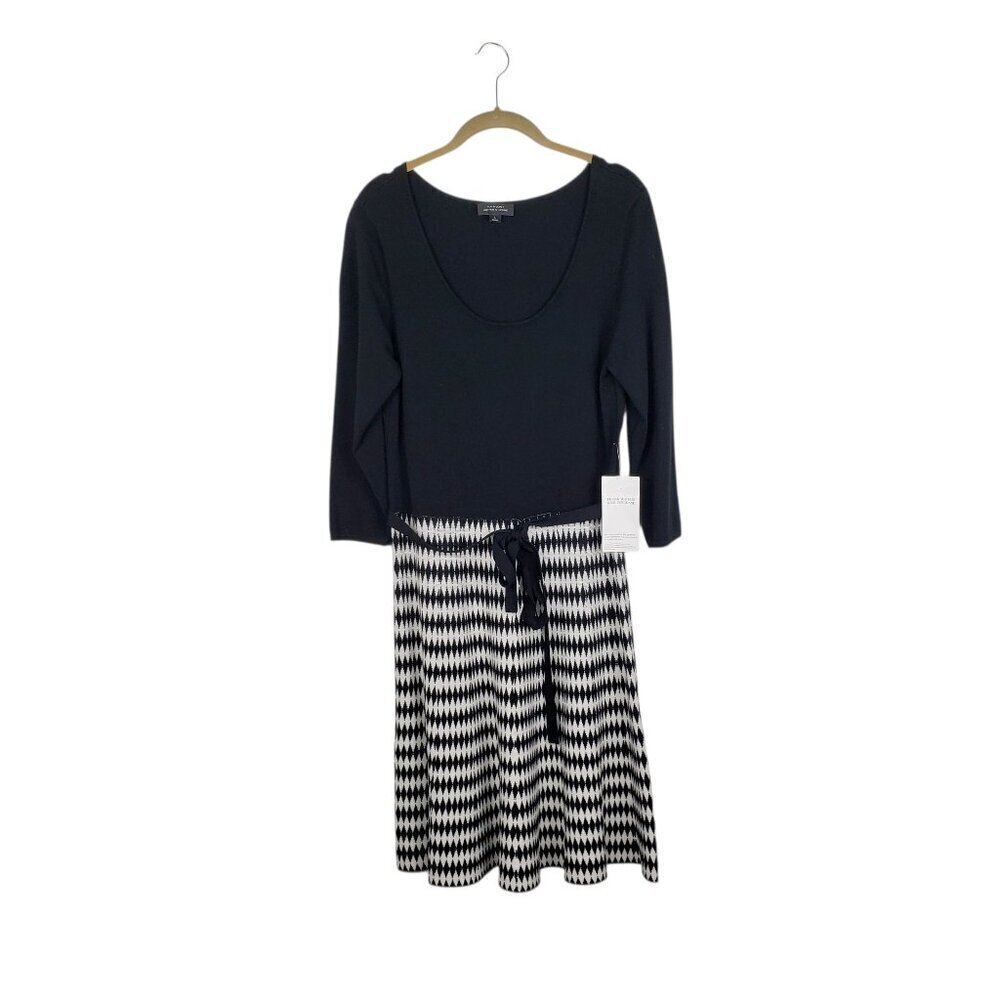 Tahari ASL NWT Sweater Dress L Black White Diamond Harlequin A-Line Knit New